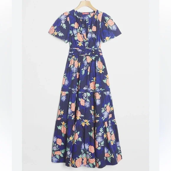 Anthropologie Maeve Somerset Maxi Dress Short Sleeve Tier A-Line Navy  Floral XS